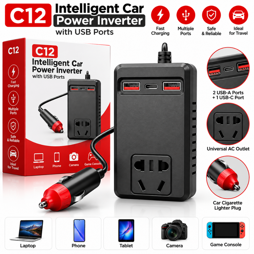 C12 Intelligent Car Power Inverter with USB Ports | محول طاقة ذكي للسيارة مع منافذ USB