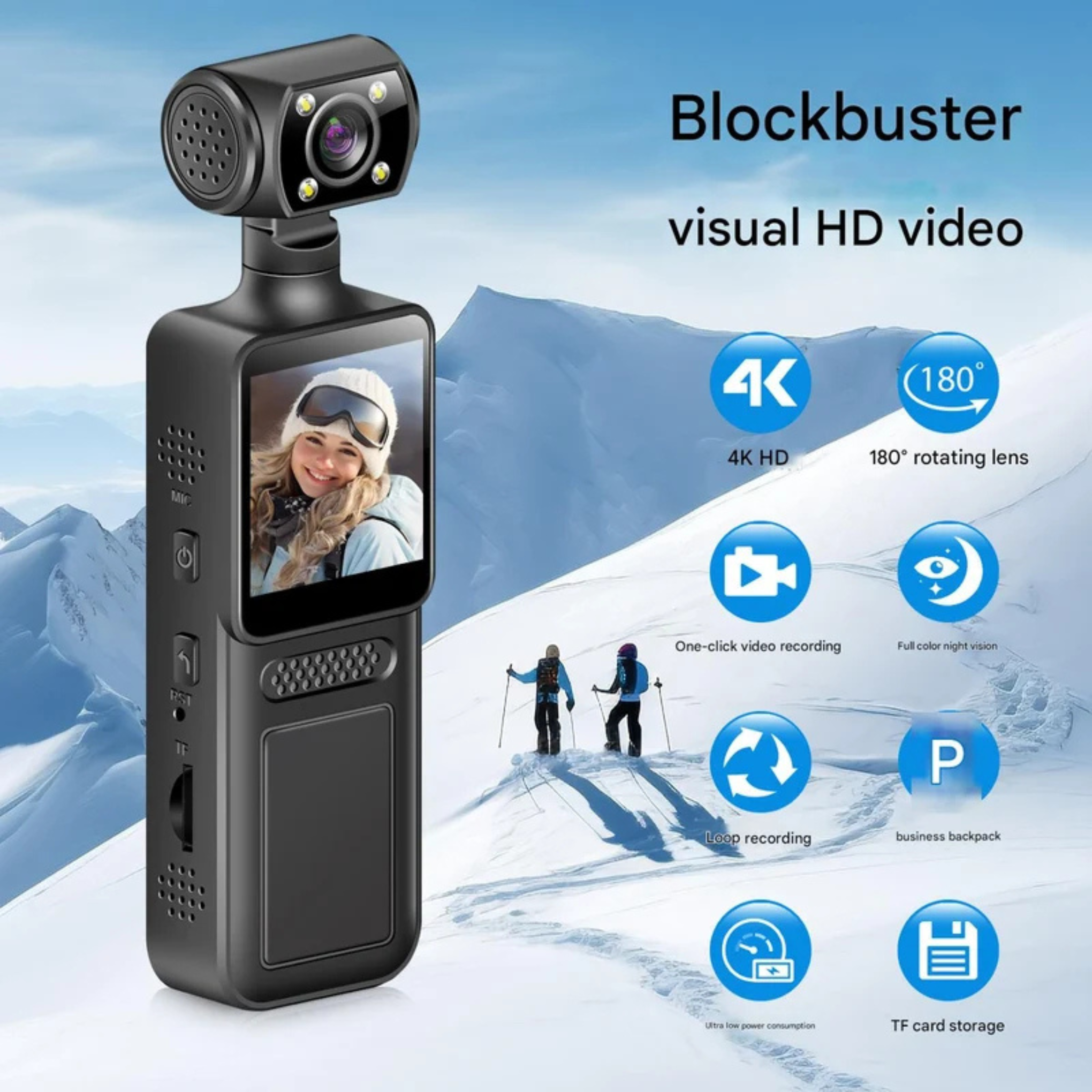 4K Portable Video Recorder with Screen, LED Fill Light & 180° Rotating Lens