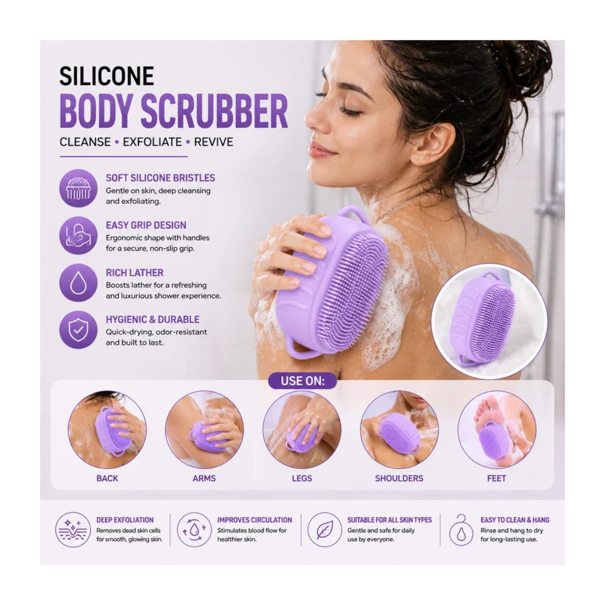 Silicone Body Scrubber – Soft Exfoliating Shower & Bath Cleaning Brush