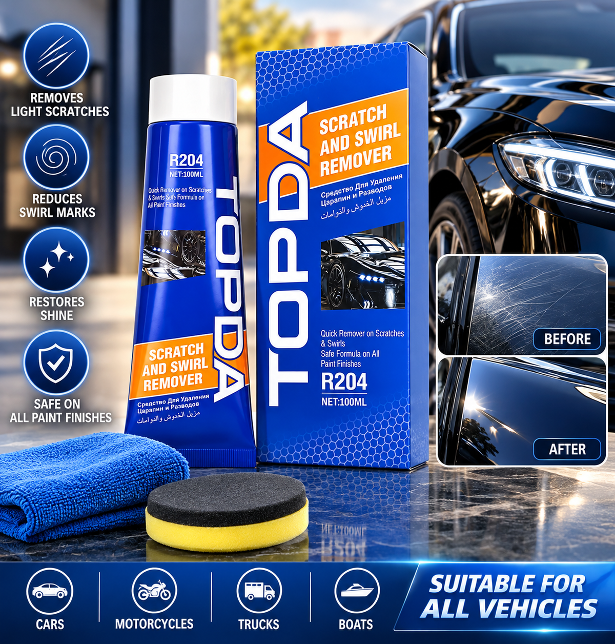TOPDA Scratch & Swirl Remover – Car Paint Scratch Repair & Polishing Solution