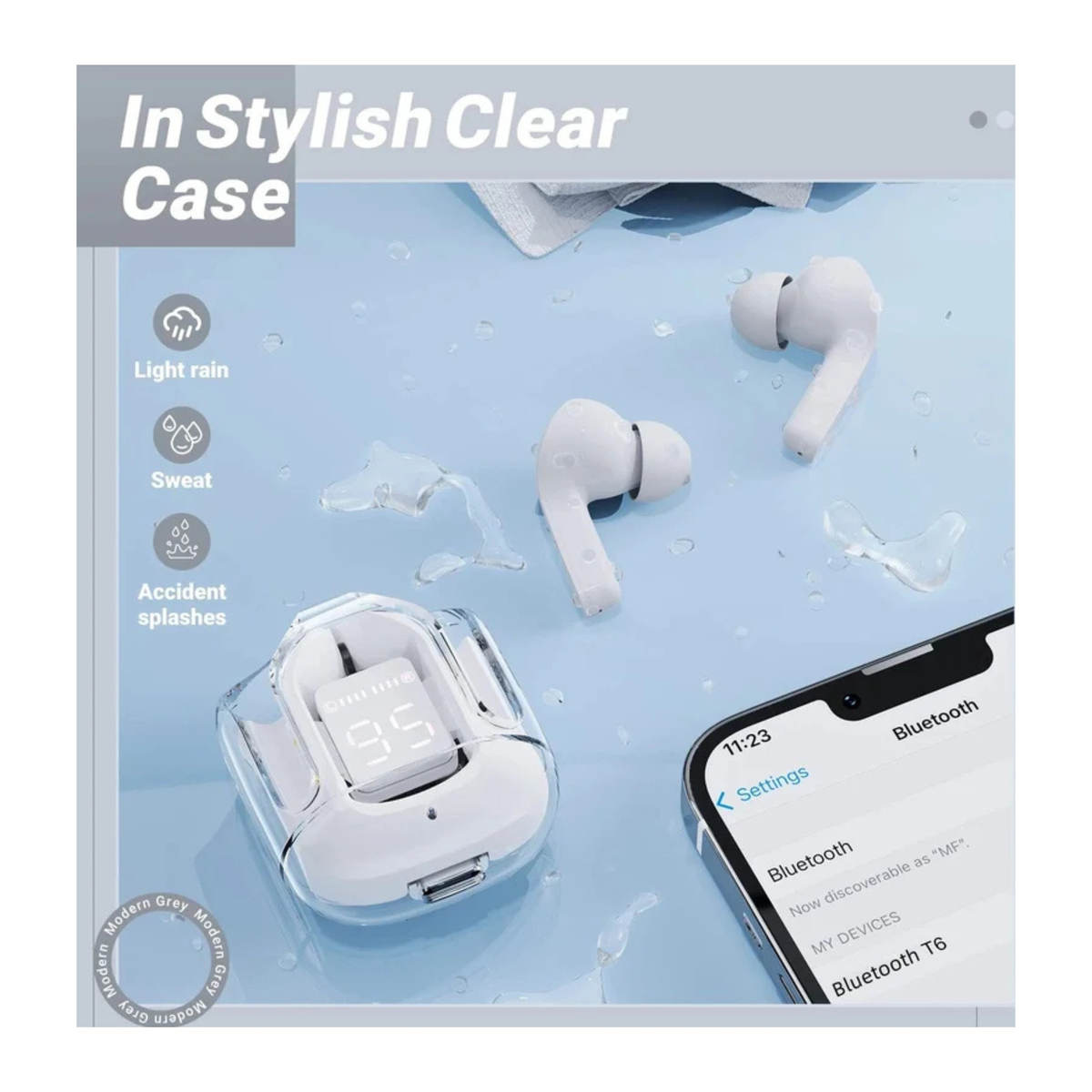 T6 Crystal Wireless Earphones with Digital Display & Charging Case